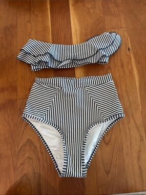 Striped Navy and White High-Waist Bikini Set